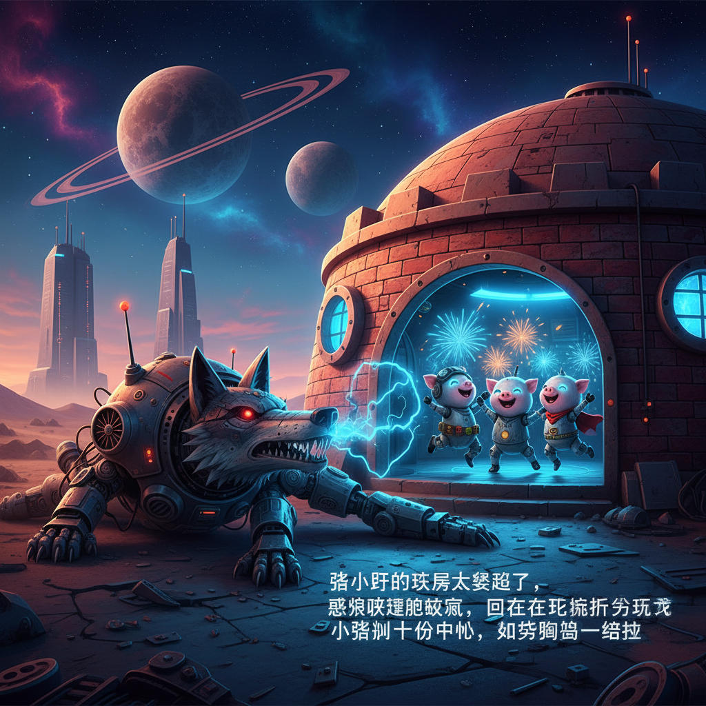 猪小弟的砖房太坚固了，恶狼吹得脑缺氧，倒在了地上耗尽所有力气小猪们十分开心，相互拥抱在一起，16:9横图科幻风格