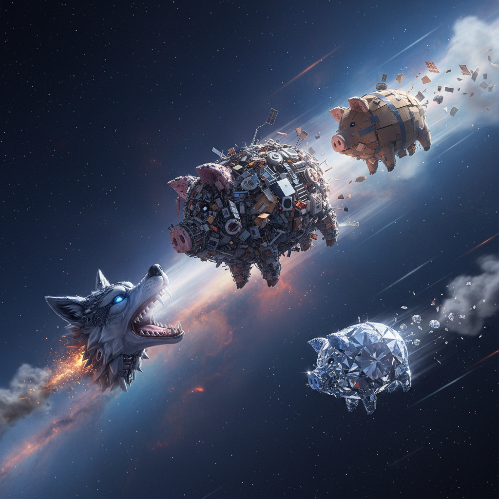 大猪的太空垃圾空间站和中猪的塑料纸箱空间站被星际机械恶狼嘴里的空气炮吹飞了，但小猪的金刚石空间站仍然不动如山，星际机械恶狼灰溜溜地跑了