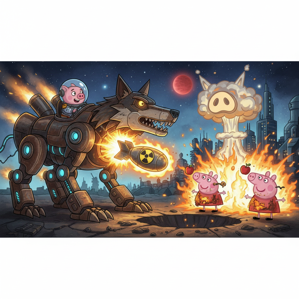 画一张小猪乔治用核弹吧星际机械恶狼炸毁并把两只佩奇炸成烤乳猪的图片16:9