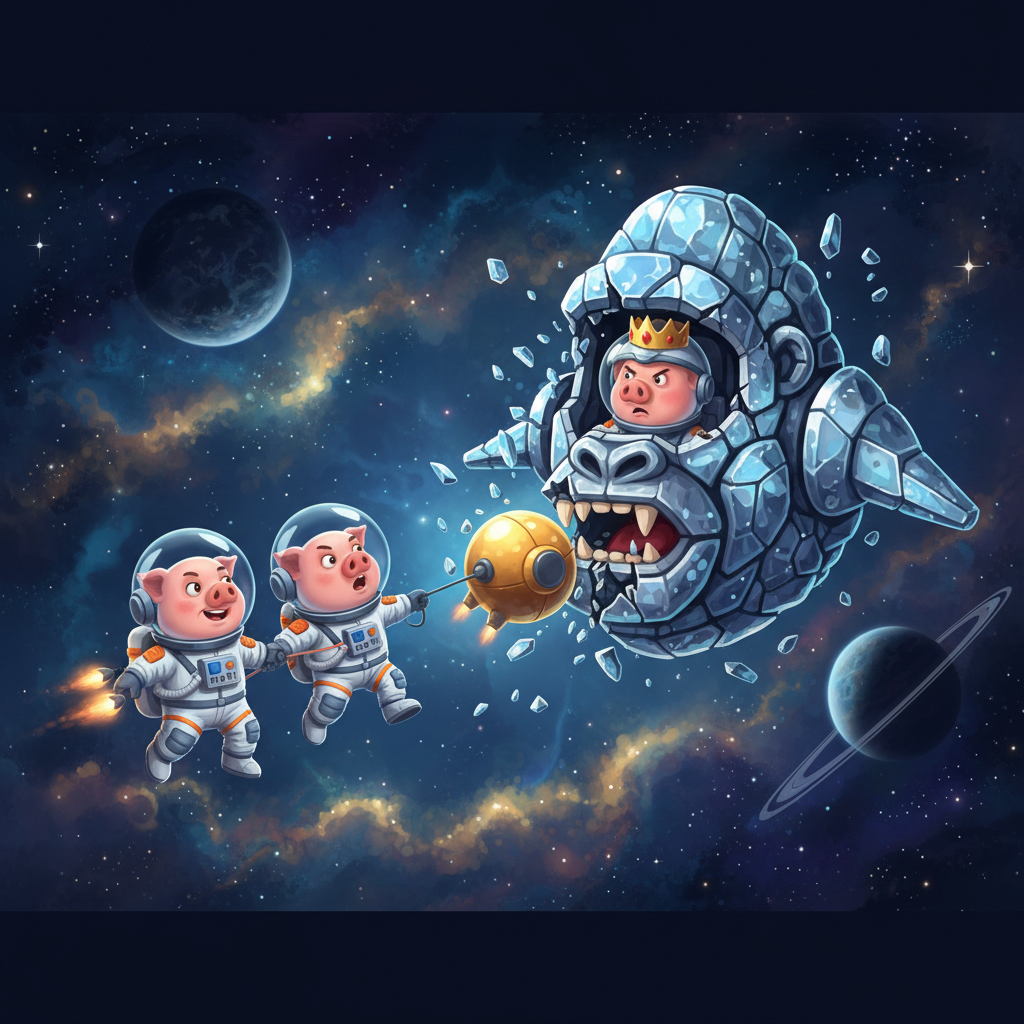 两只穿着宇航服的小猪逃到了另一只小猪的金刚石太空舱