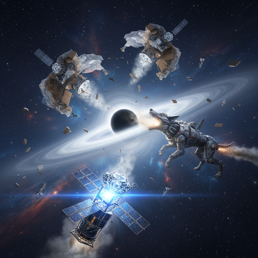 大猪和中猪的太空垃圾空间站和塑料纸箱空间站被星际机械恶狼嘴里的空气炮打飞，他们飞进了黑洞，但小猪的金刚石空间站仍然不动如山，星际机械恶狼灰溜溜地跑了