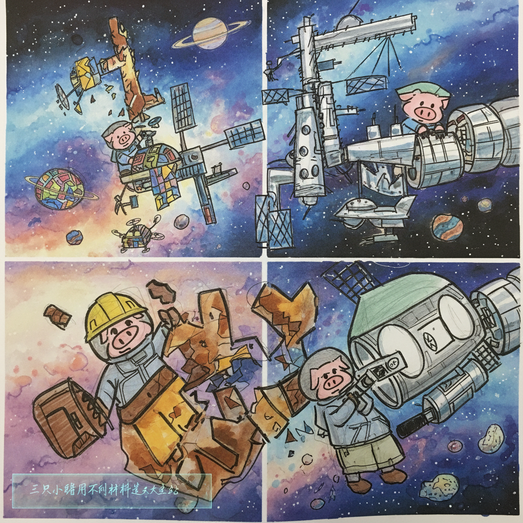 重新生成（单独生成）：三只小猪用不同的材料在打造自己的太空站