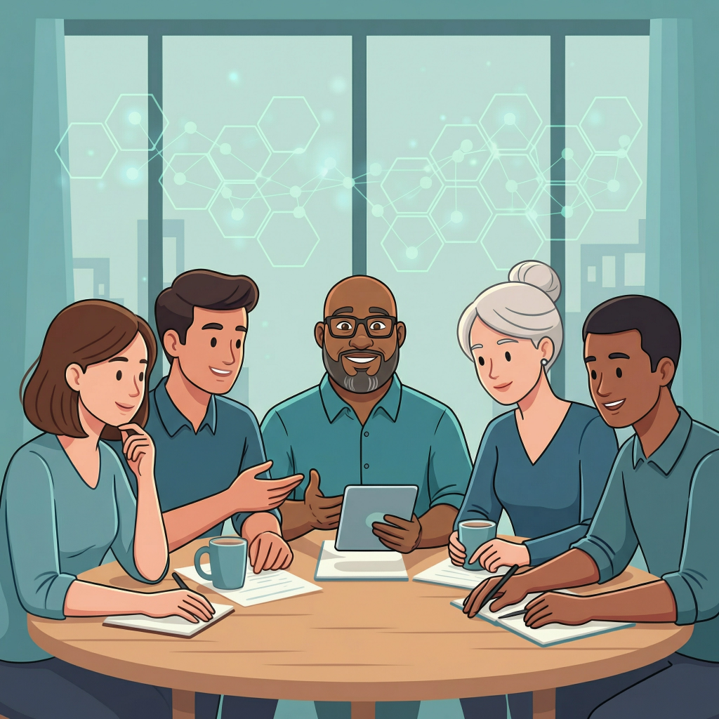 Team collaborating with AI