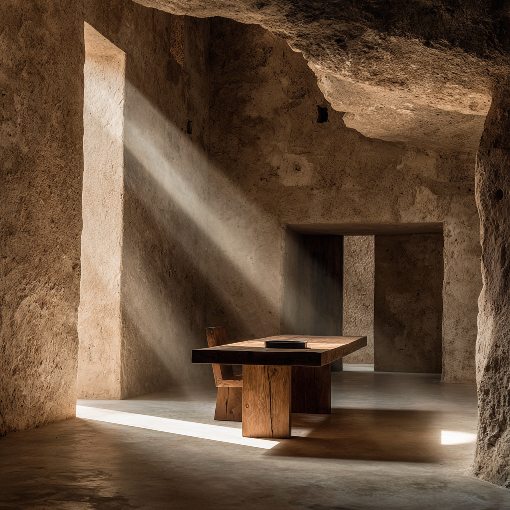 Mediterranean Basin clinical proximity container — brutalist interior