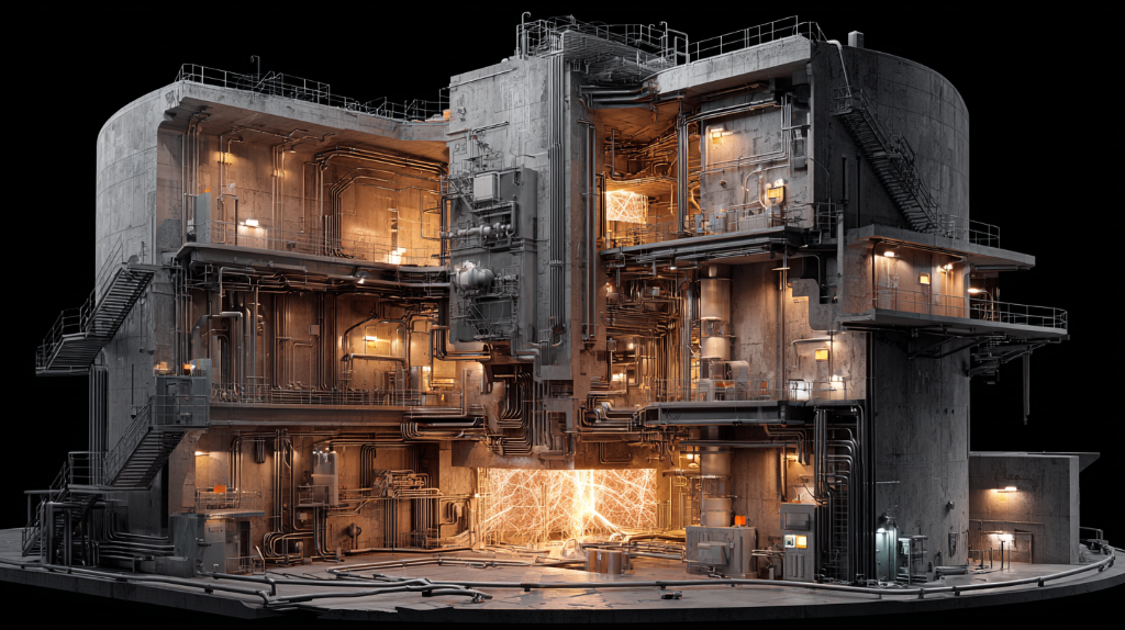 Cross-section of brutalist industrial architecture with illuminated central core — engine and fuel