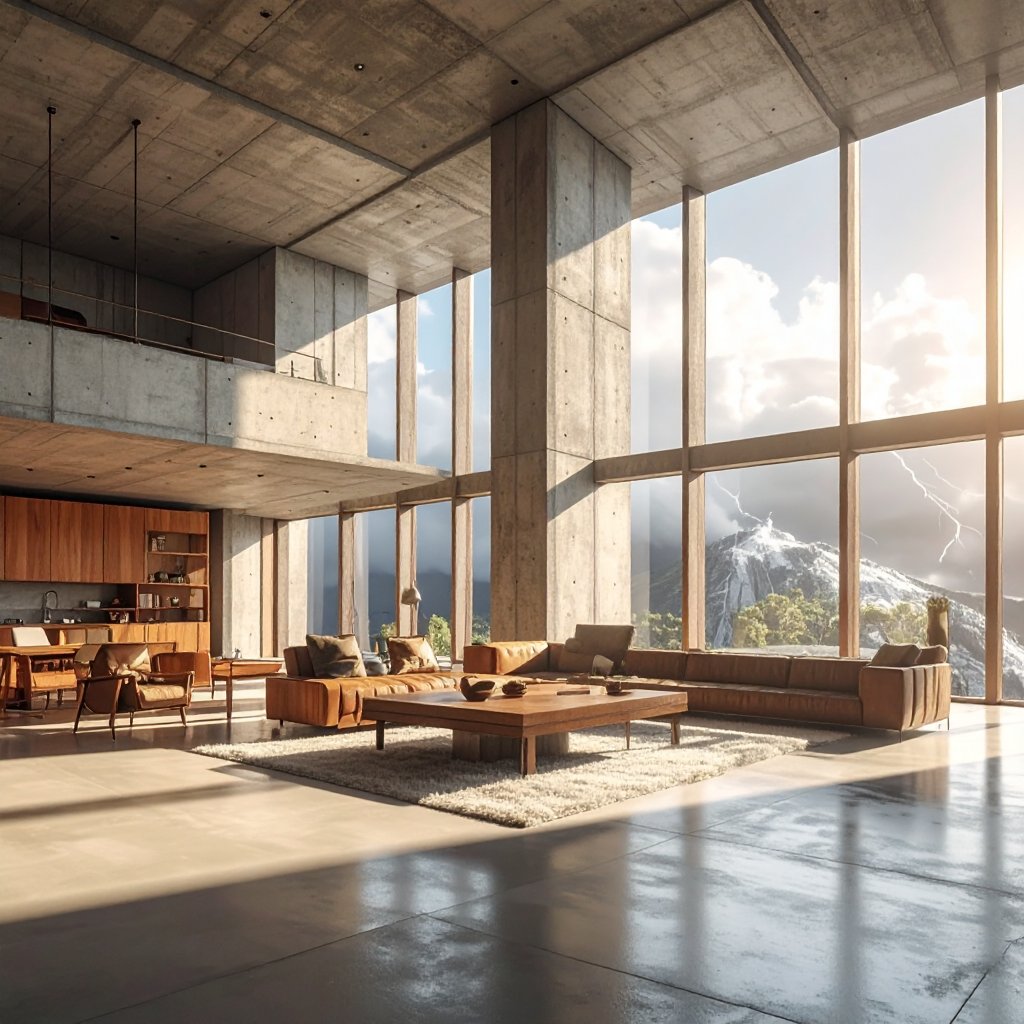 The Sovereign Architect — vast concrete room with mountains