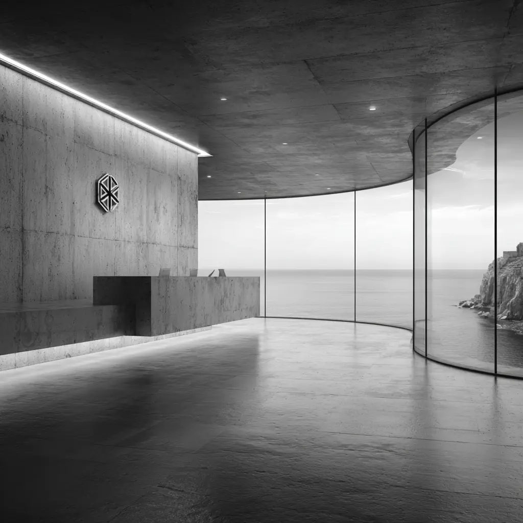 The NeuroHub reception — The NeuroHub logo etched into a brutalist concrete wall