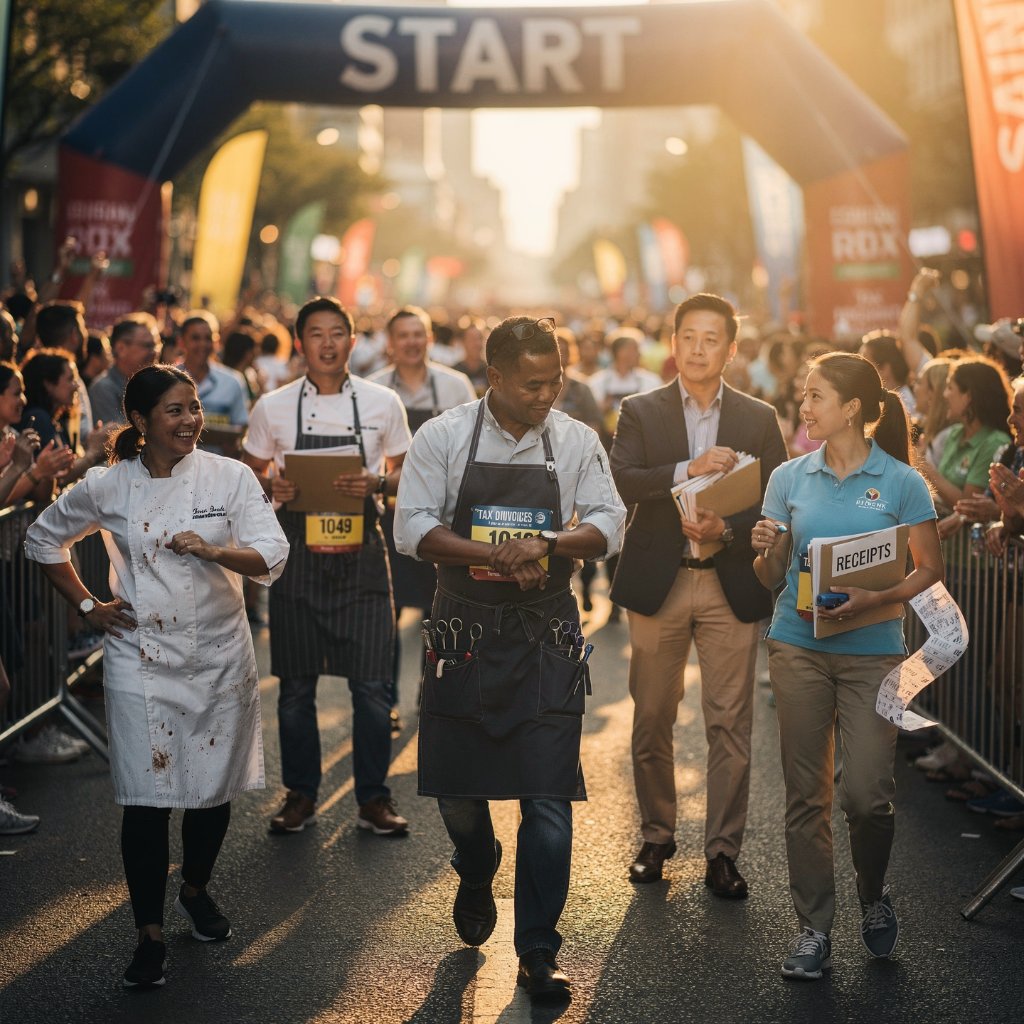 Business owners walking to the START line of the Financial Marathon Day carrying tax documents and receipts