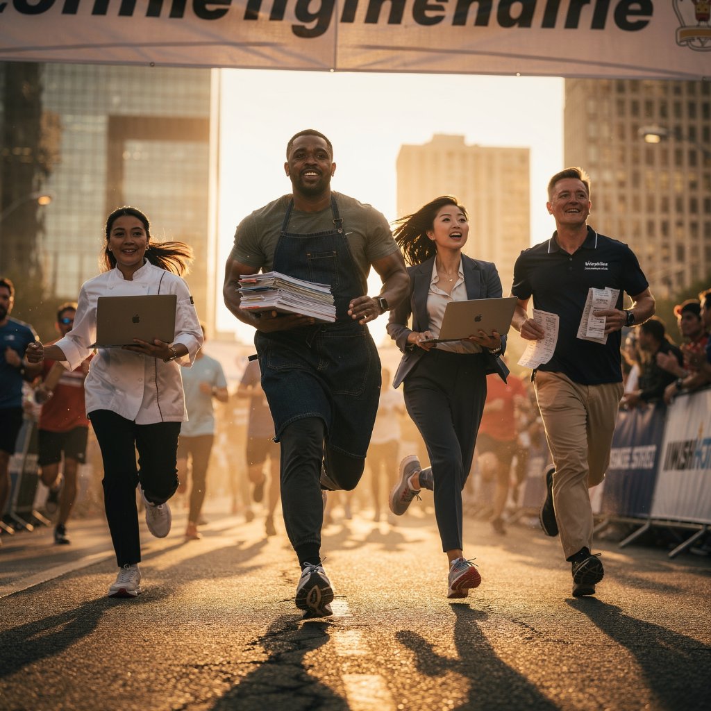 Business owners running the Financial Marathon with laptops, tax documents, and receipts in hand