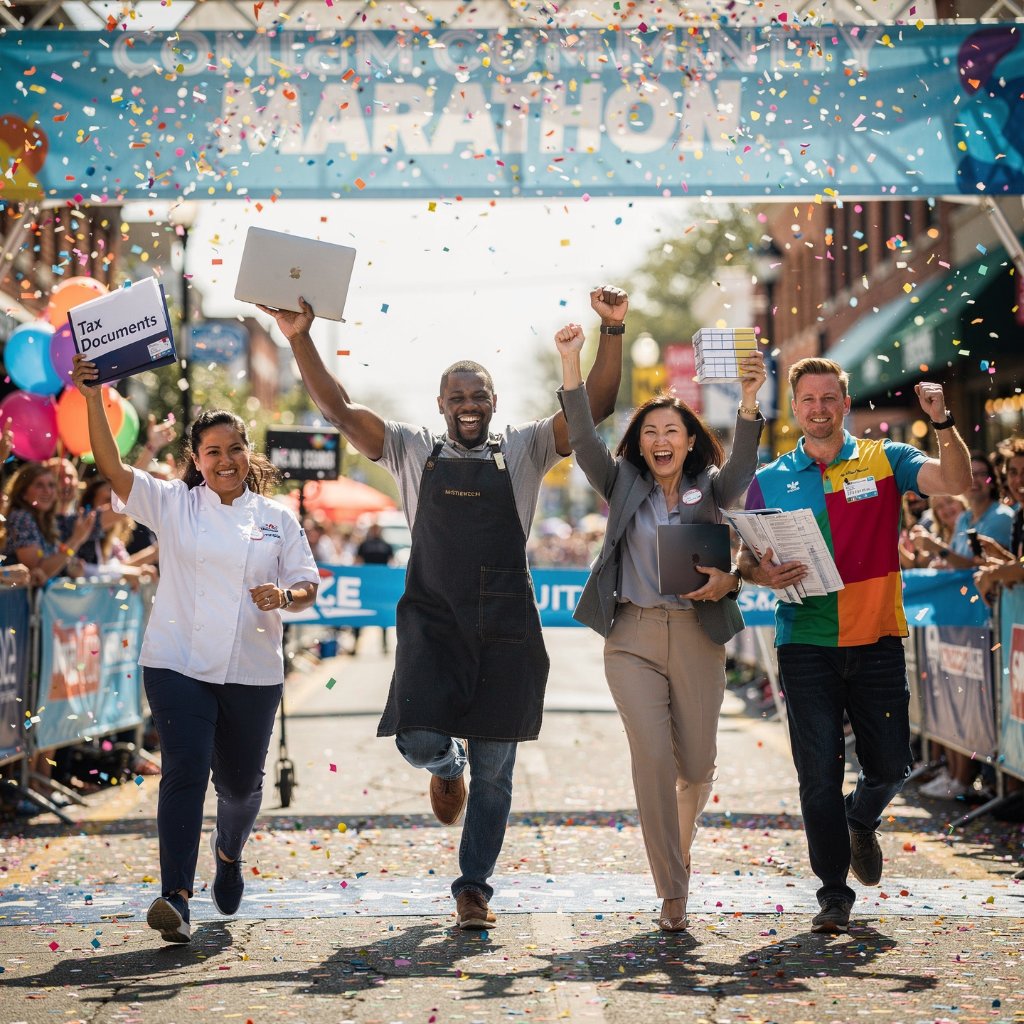 Business owners celebrating as they cross the marathon finish line with confetti