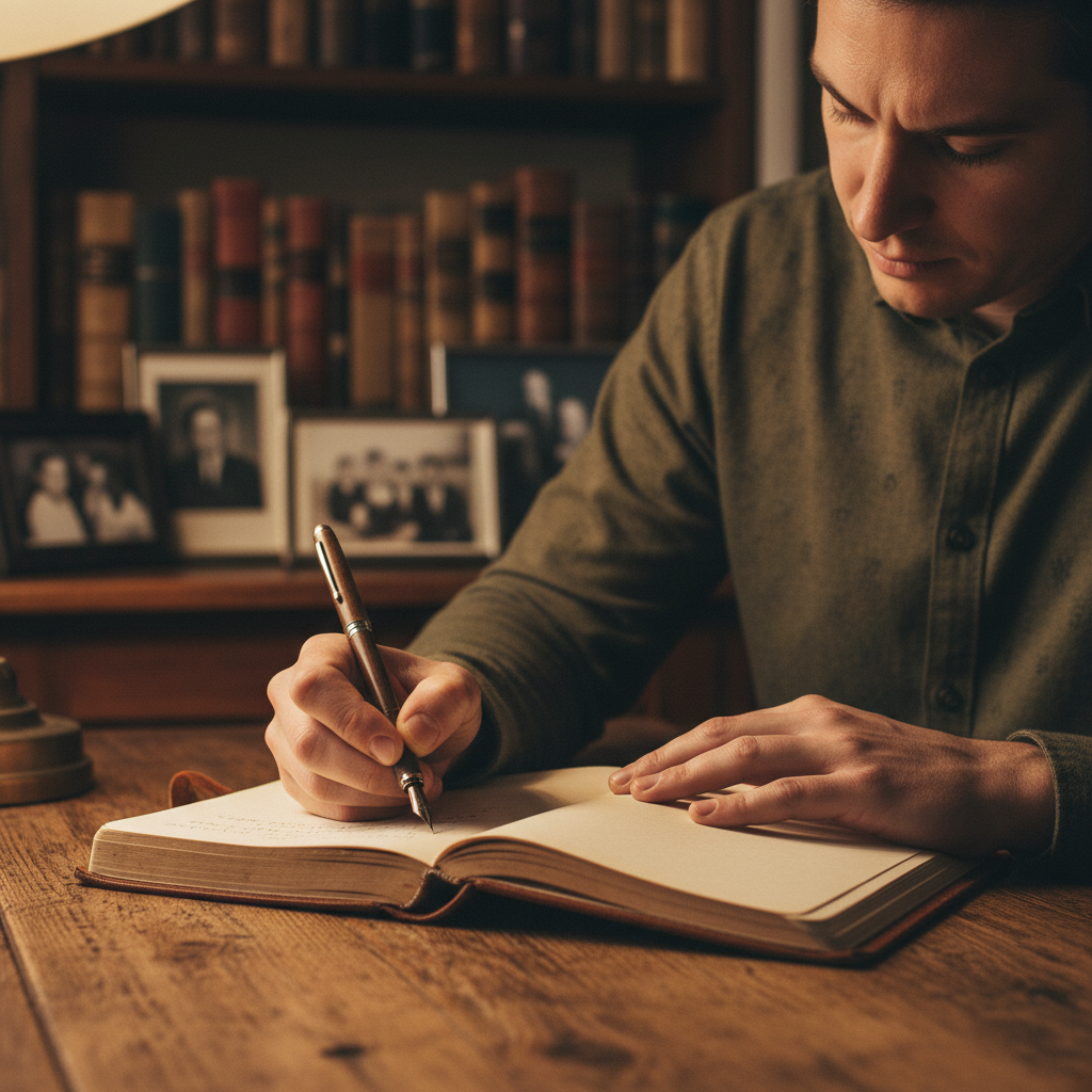 Person writing an obituary with pen and paper