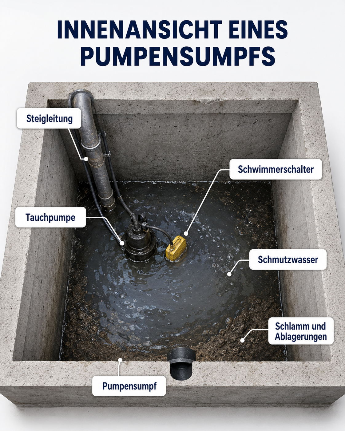Verschmutzter Pumpensumpf mit Tauchpumpe, Schwimmerschalter, Schmutzwasser und Schlammablagerungen