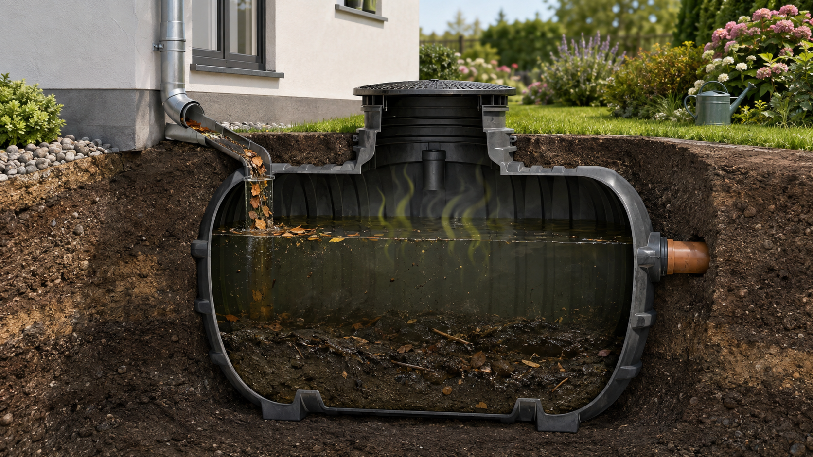 Verschmutzte Regenwasserzisterne mit Schlamm, Laub und Ablagerungen als mögliche Ursache für unangenehmen Geruch