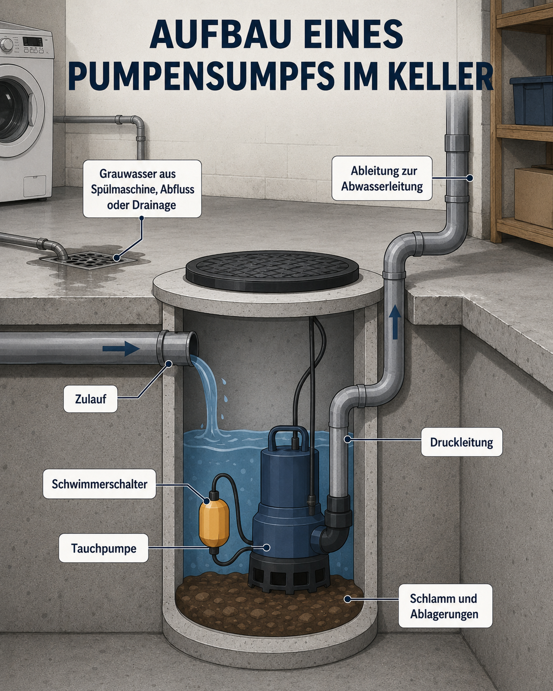 Aufbau eines Pumpensumpfs im Keller mit Tauchpumpe, Schwimmerschalter, Zulauf, Druckleitung und Schlammablagerungen
