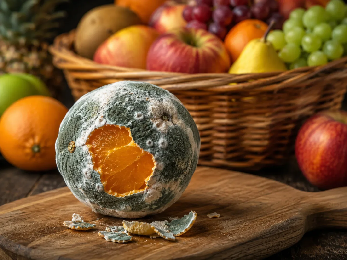 Stark verschimmelte Orange mit aufgebrochenem Inneren liegt auf Holzbrett vor einem Obstkorb – illustriert Schimmelwachstum von innen nach außen