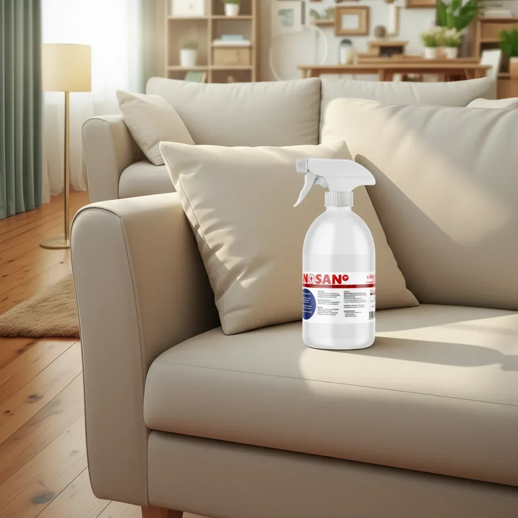 ANOSAN Sprühflasche auf einem beigen Sofa in hellem Wohnzimmer – wirksames Mittel zur Schimmelentfernung an Möbeln