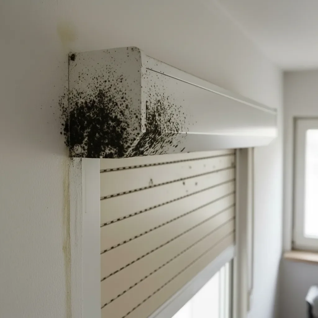 Schwarzer Schimmelbefall am Rollladenkasten im Fensterbereich einer Wohnung