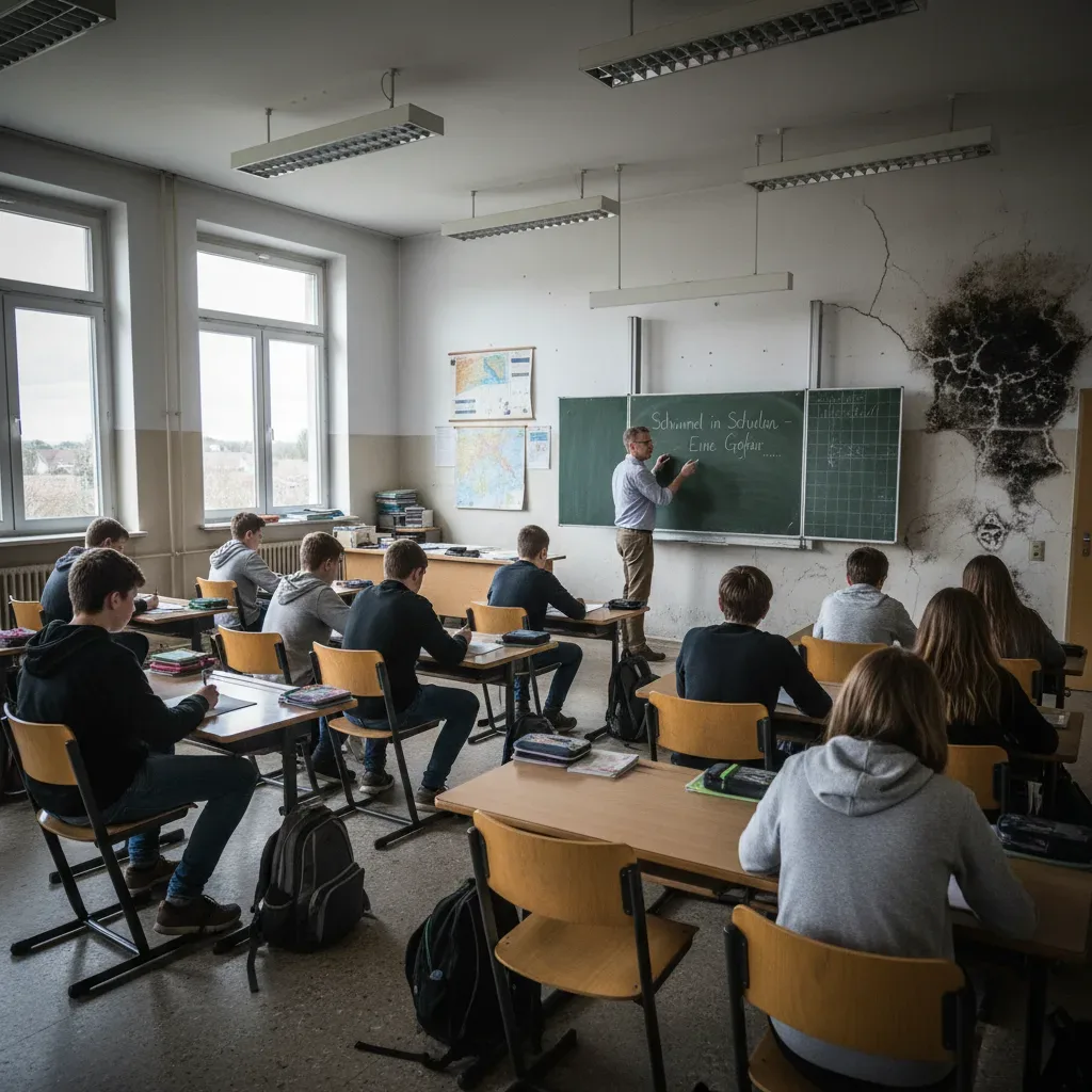 Schulklasse mit Schülerinnen und Schülern, im Hintergrund sichtbarer Schimmelbefall an der Klassenzimmerwand