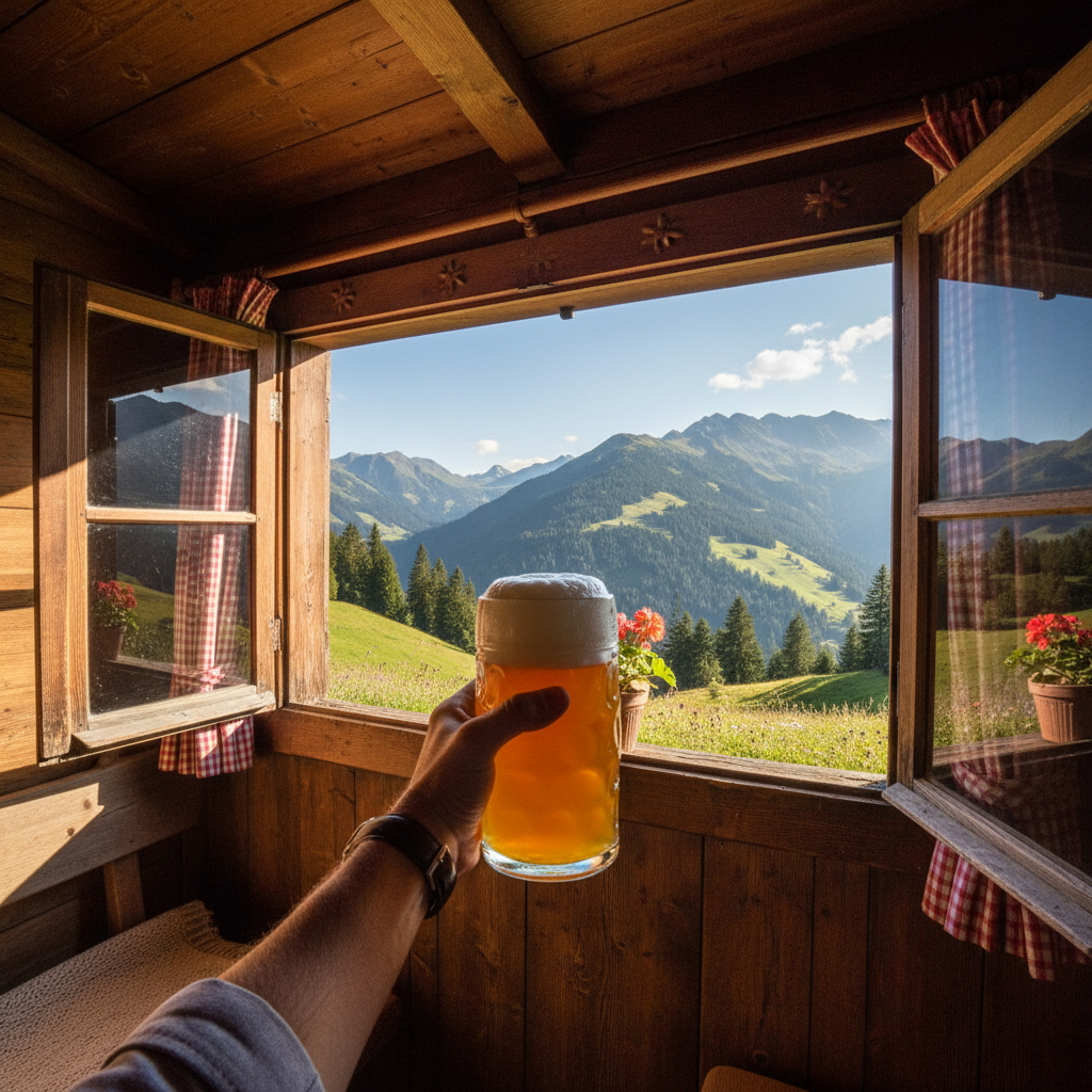 Arm hält großes Weißbierglas zum Prosten durch geöffnetes HolzhüttenFenster mit Blick auf die Alpen