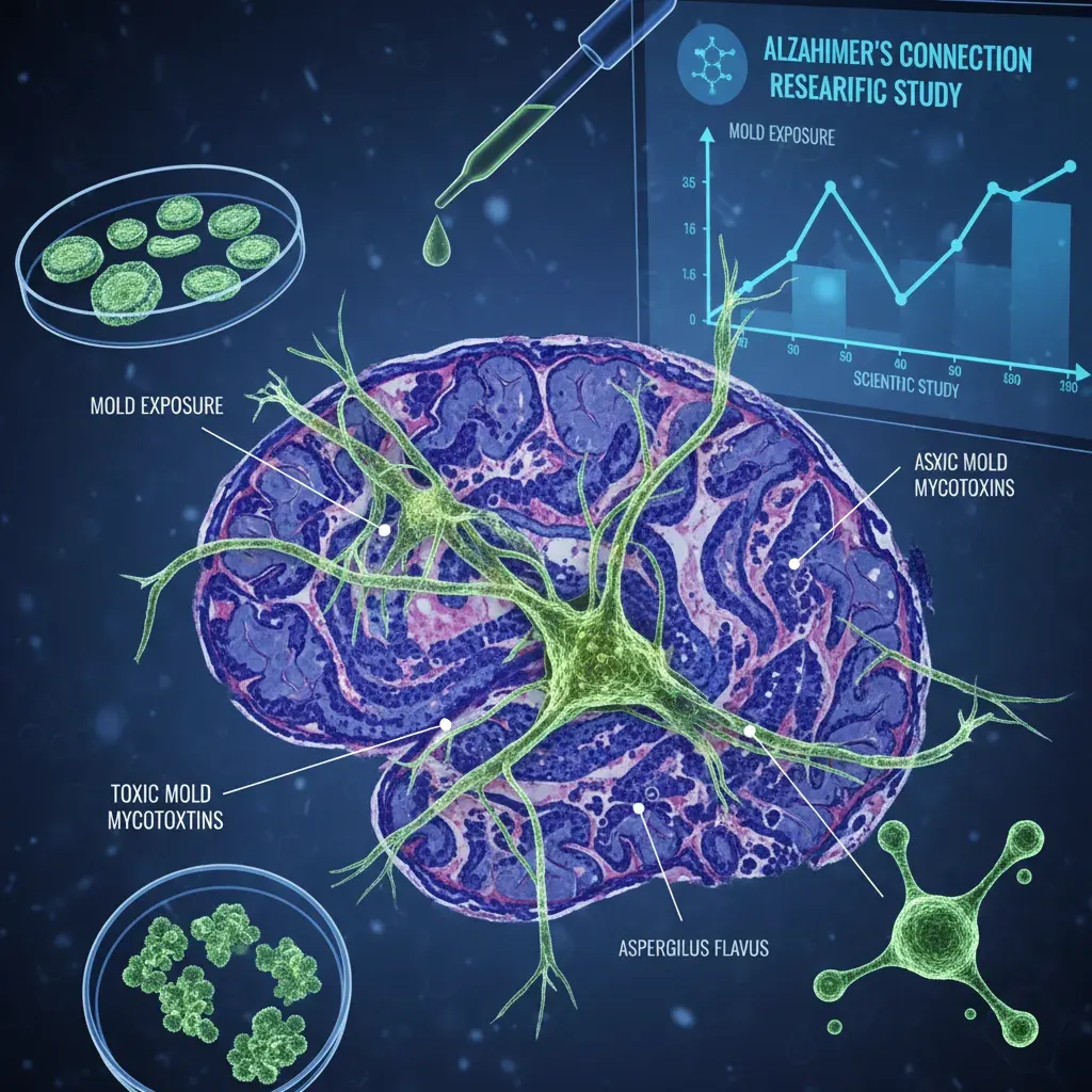Wissenschaftliche Infografik zeigt Verbindung zwischen Schimmelpilz-Mykotoxinen und Alzheimer-Erkrankung im menschlichen Gehirn