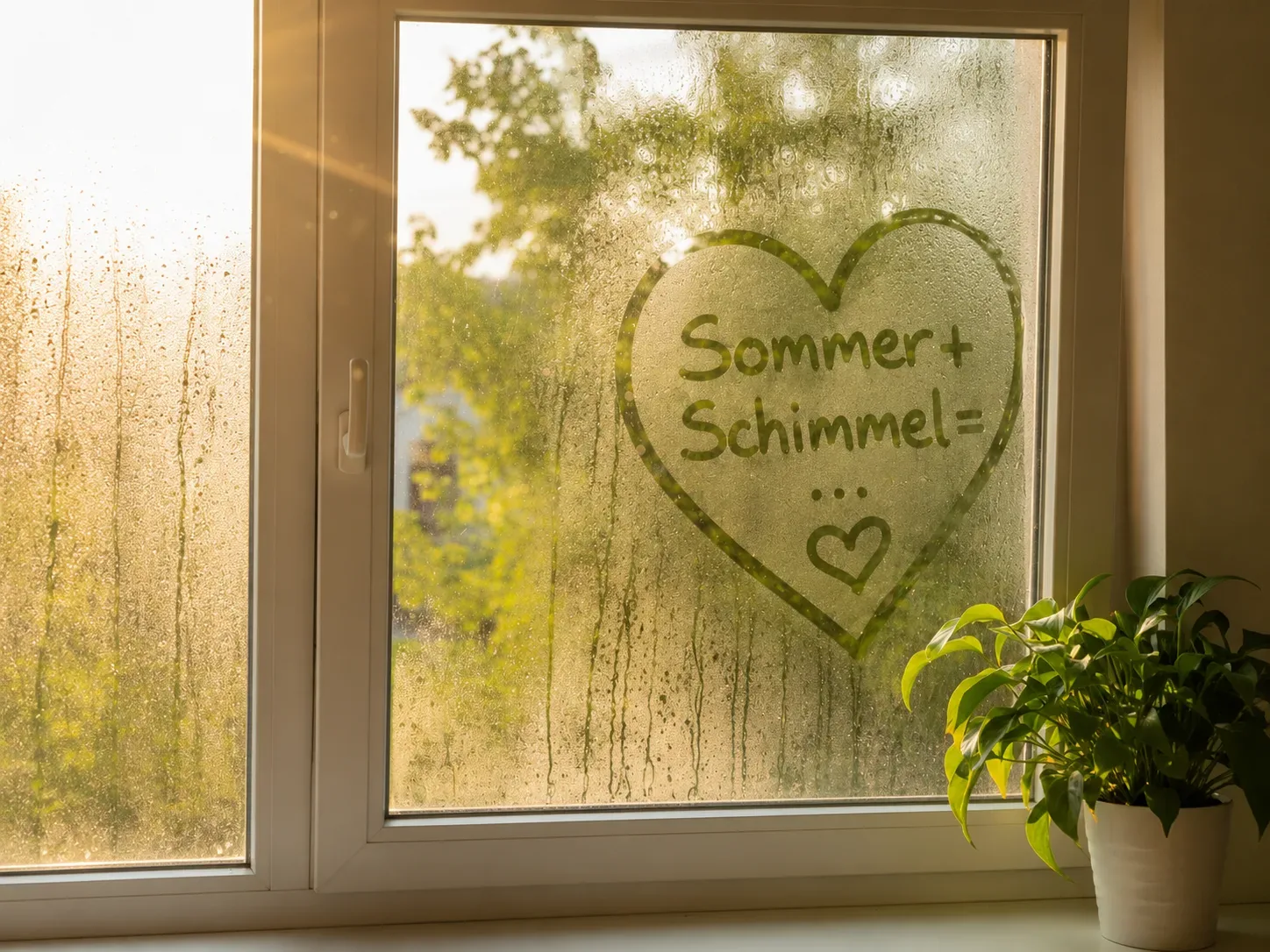 Beschlagenes Fenster im Sommer mit Kondenswasser – Aufschrift Sommer + Schimmel als Symbol für Sommerkondensation