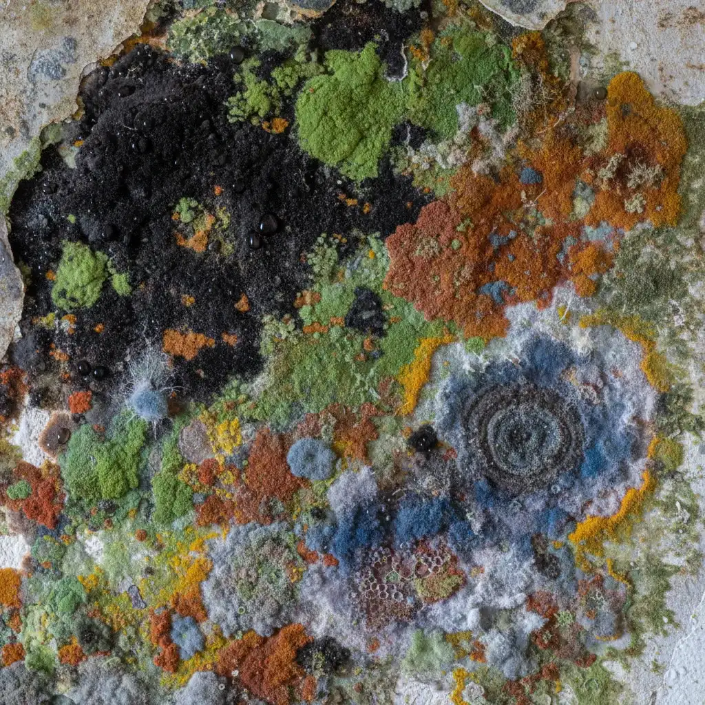 Bunter, großflächiger Schimmelbefall auf Betonwand mit verschiedenen Schimmelpilzarten in schwarz, grün, orange, blau und grau