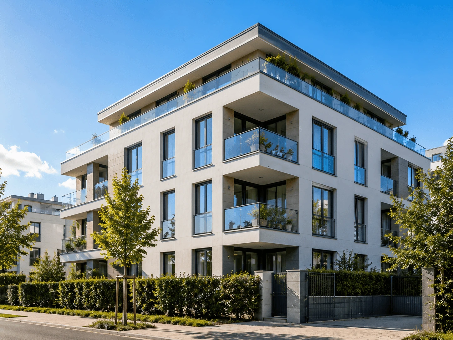 Haus- und Immobilienverwalter: Schimmelsanierung für Wohnanlagen – Schimmelprotektor B2B Modernes Mehrfamilienhaus mit Balkonen und Glasgeländern – professionelle Schimmelsanierung für Haus- und Immobilienverwalter durch Schimmelprotektor