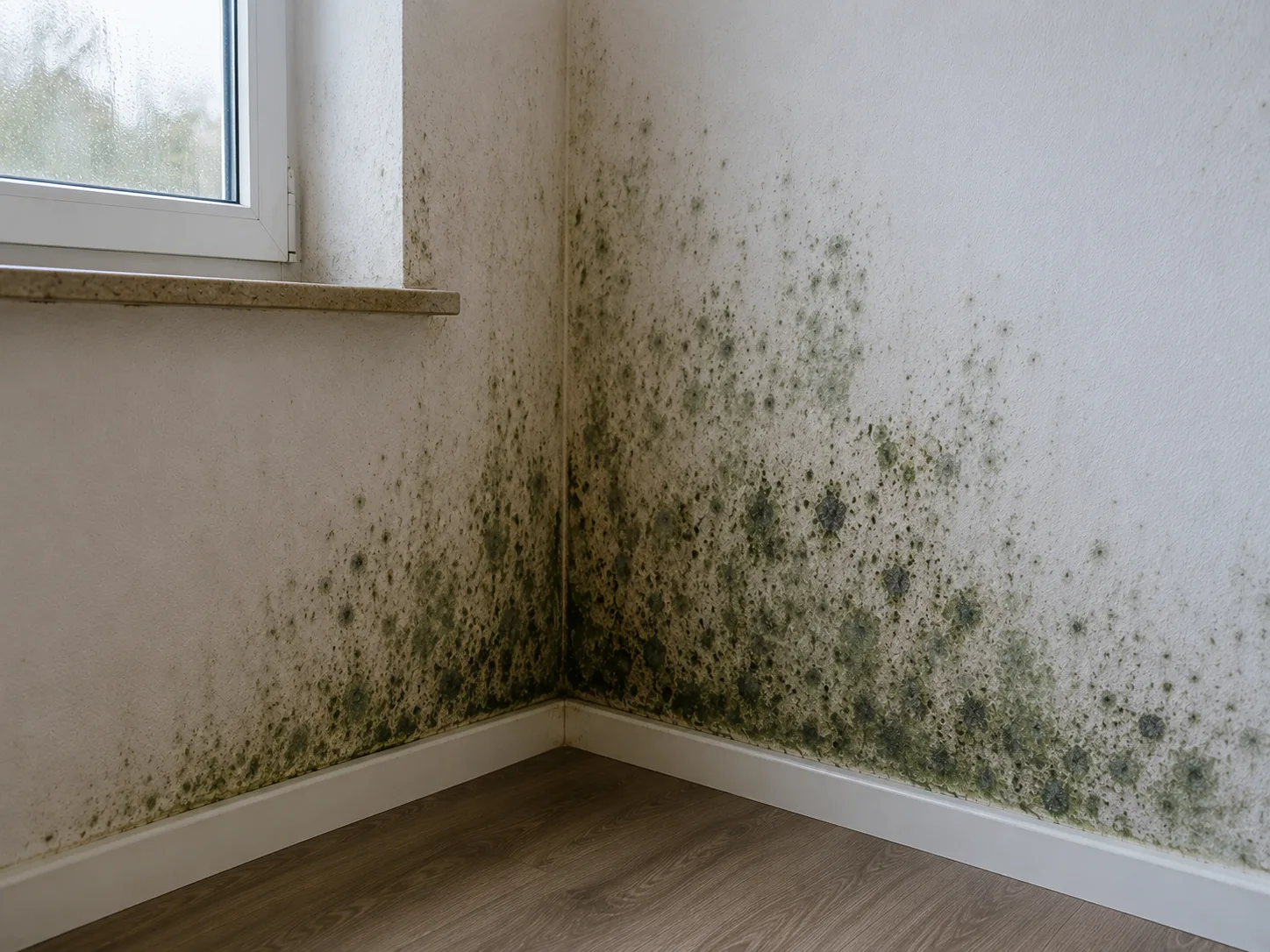 Grüner Schimmel – Schimmelpilzbefall an feuchter Wandecke und Fensterlaibung | Schimmelprotektor Grüner Schimmel (Aspergillus/Penicillium) als grün-grauer Belag an Raumecke und unter Fensterlaibung mit Kondenswasser am Fenster