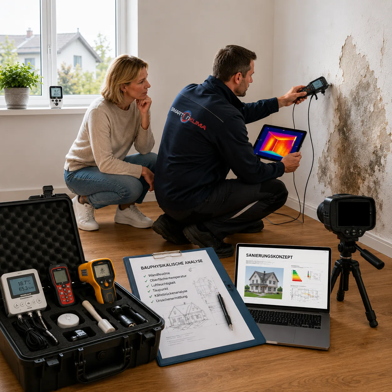 SMART-KLIMA-Fachexperte misst Wandfeuchte mit Messgerät und Thermografiekamera in einem Keller – Vor-Ort-Analyse zur Kellerentfeuchtung