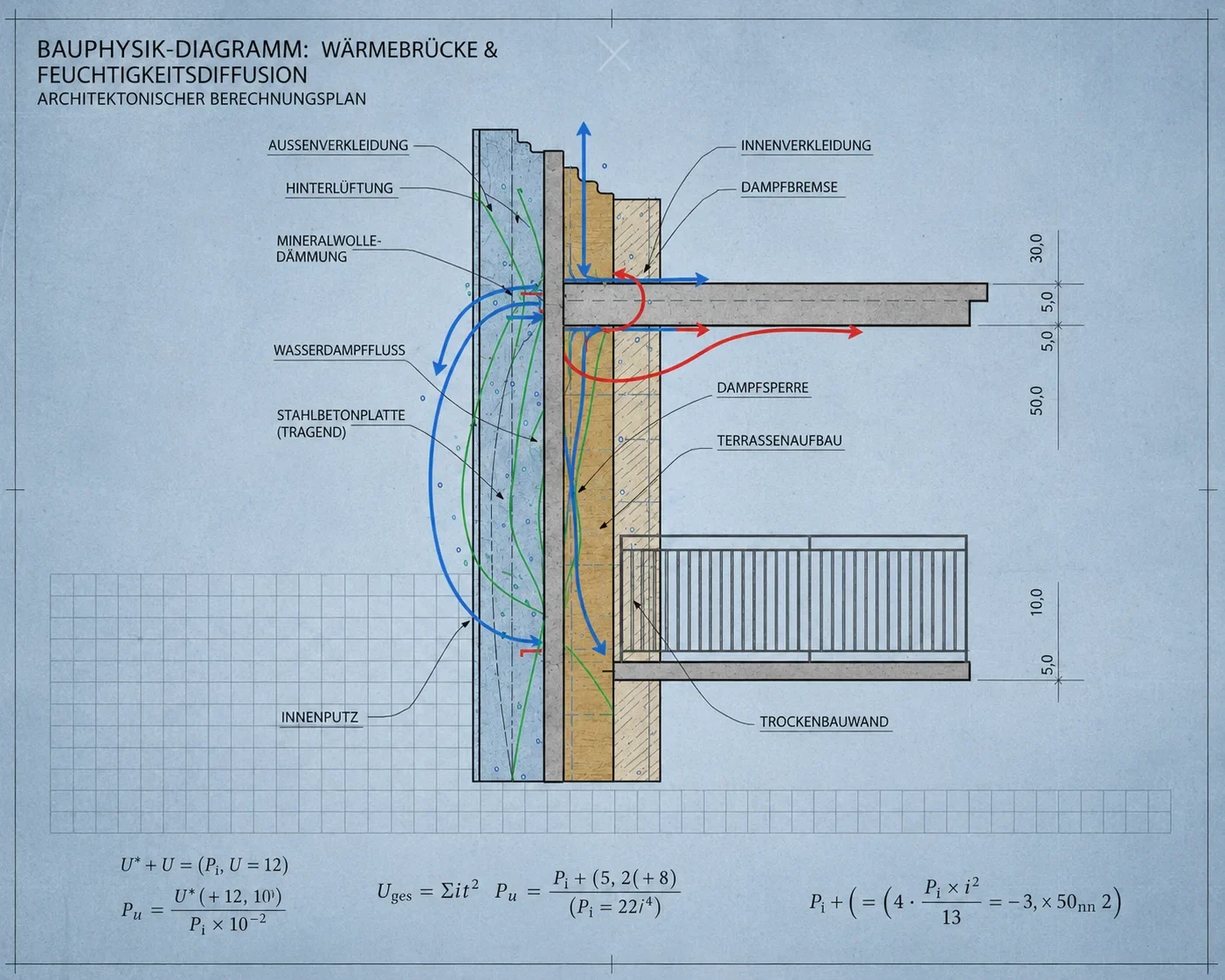 Bauphysik-Diagramm zeigt Wärmebrücke und Feuchtigkeitsdiffusion durch Wandaufbau mit Mineralwolle-Dämmung und Dampfsperre