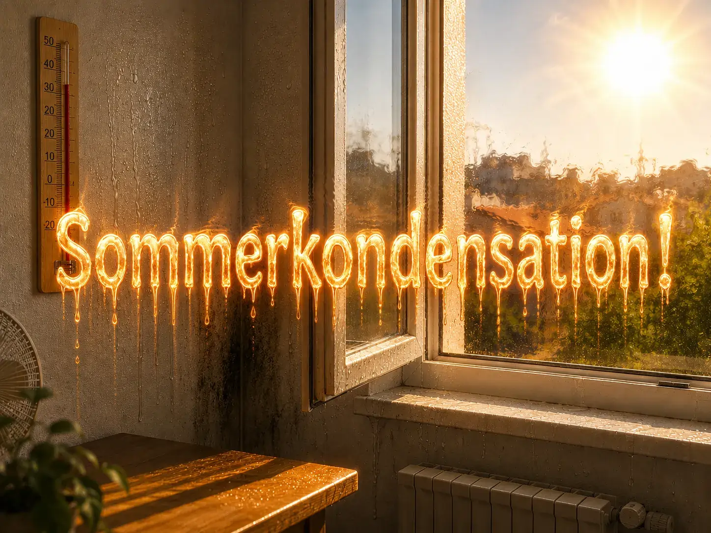 Fenster mit Kondensationswasser und Schimmelspuren – Thermometer zeigt hohe Temperaturen, Schriftzug Sommerkondensation leuchtet