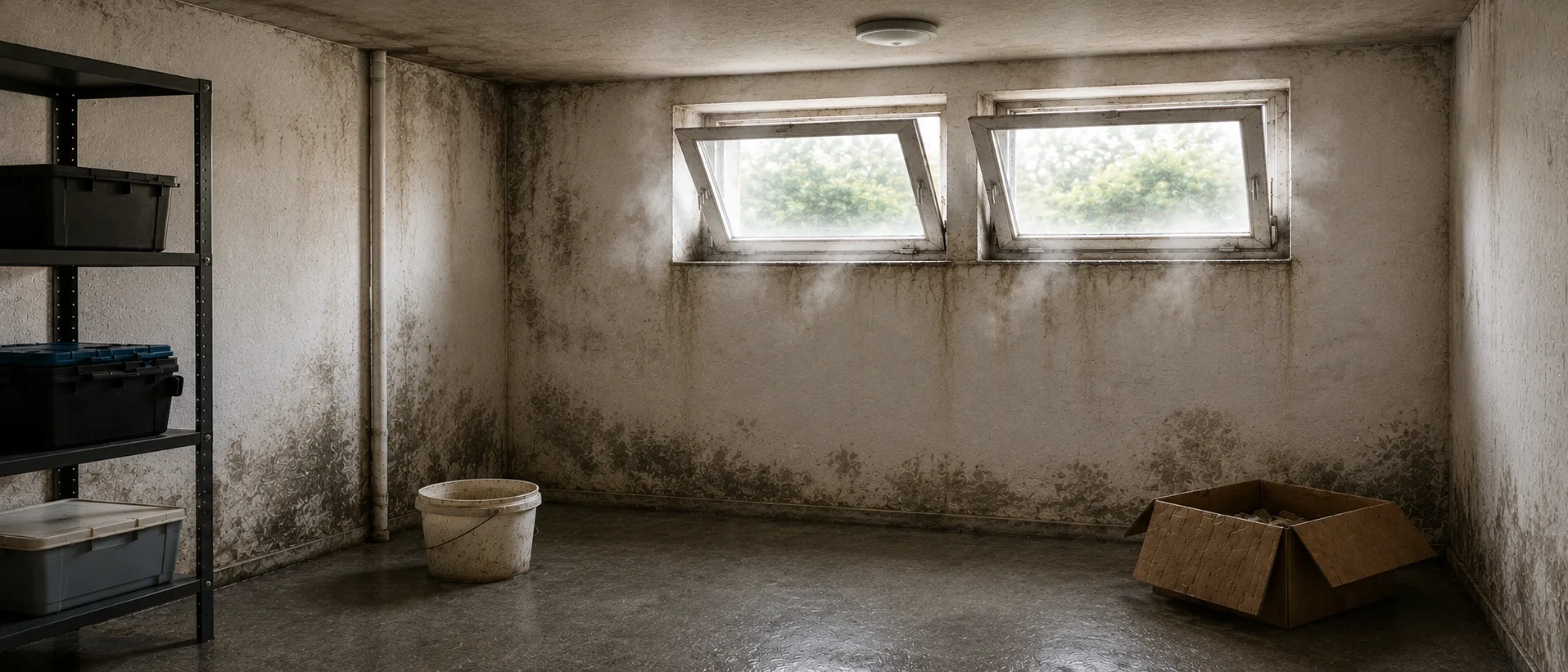 Sommerkondensation Keller – warme Sommerluft kondensiert an kalten Kellerwänden zu Kondenswasser | Schimmelprotektor Ratgeber Sommerkondensation im Keller: Sichtbarer Wasserdampf strömt durch offene Kellerfenster, Schimmel und Feuchtigkeitsflecken an der Rückwand