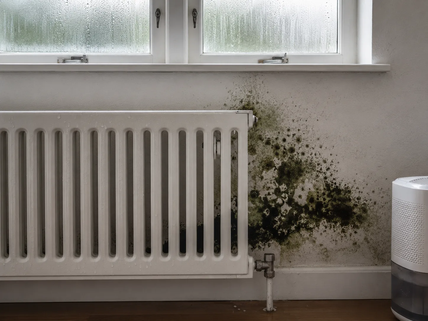 Weißer Heizkörper an Wand mit starkem schwarzem Schimmelbefall rechts daneben, beschlagene Fenster im Hintergrund