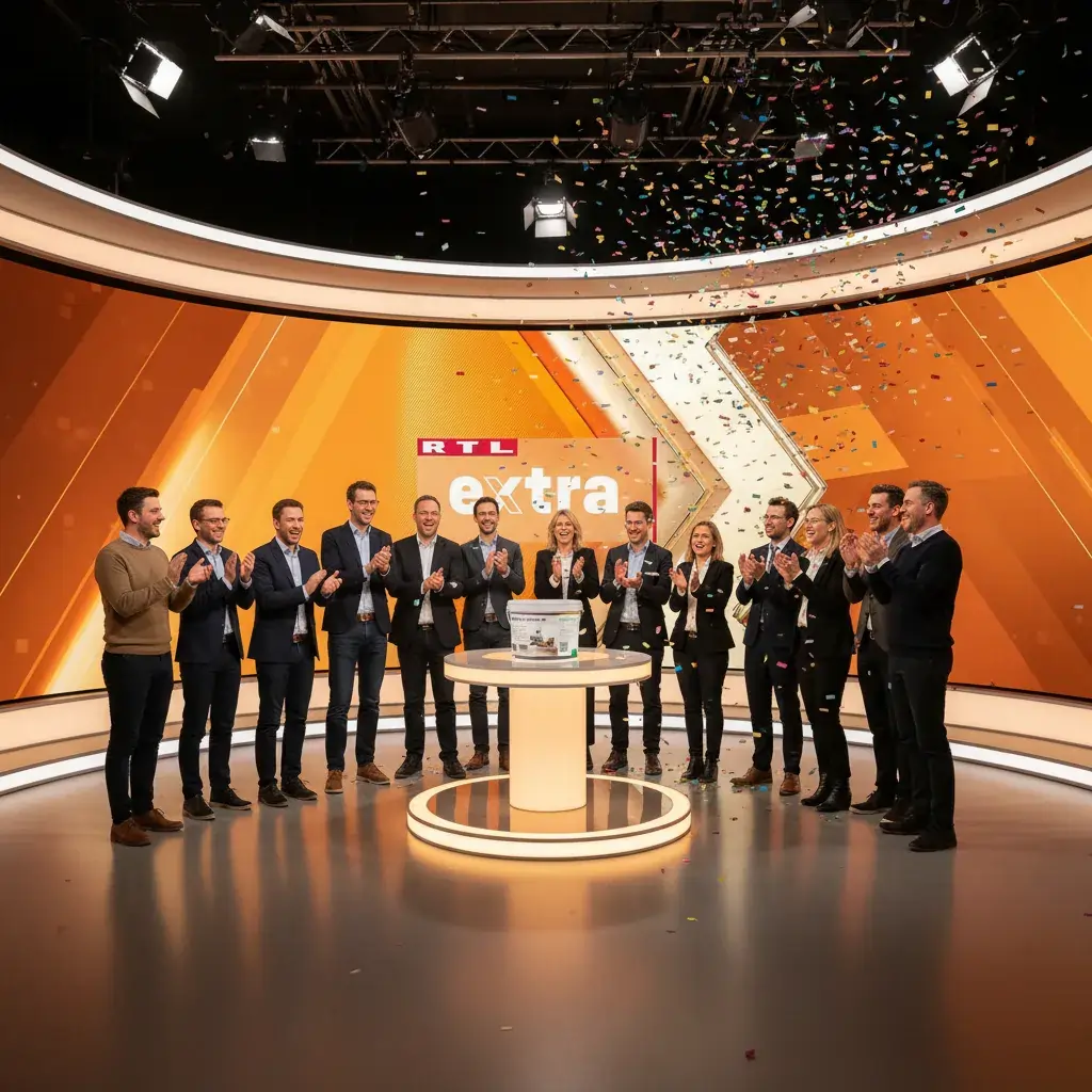 Jubelndes Team im RTL extra Studio mit Antischimmelfarbe auf dem Podest – Produkt besteht Härtetest im Fernsehen