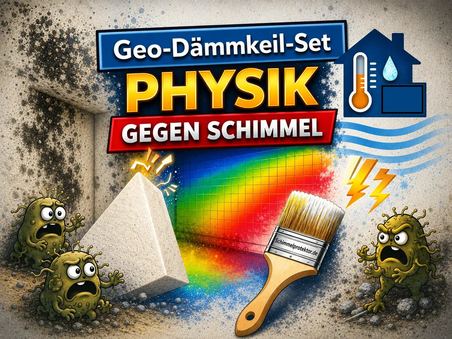 Illustrierte Werbegrafik: Geo-Dämmkeil-Set von Schimmelprotektor – Physik gegen Schimmel mit Dämmkeil, Pinsel und Schimmel-Cartoon-Figuren