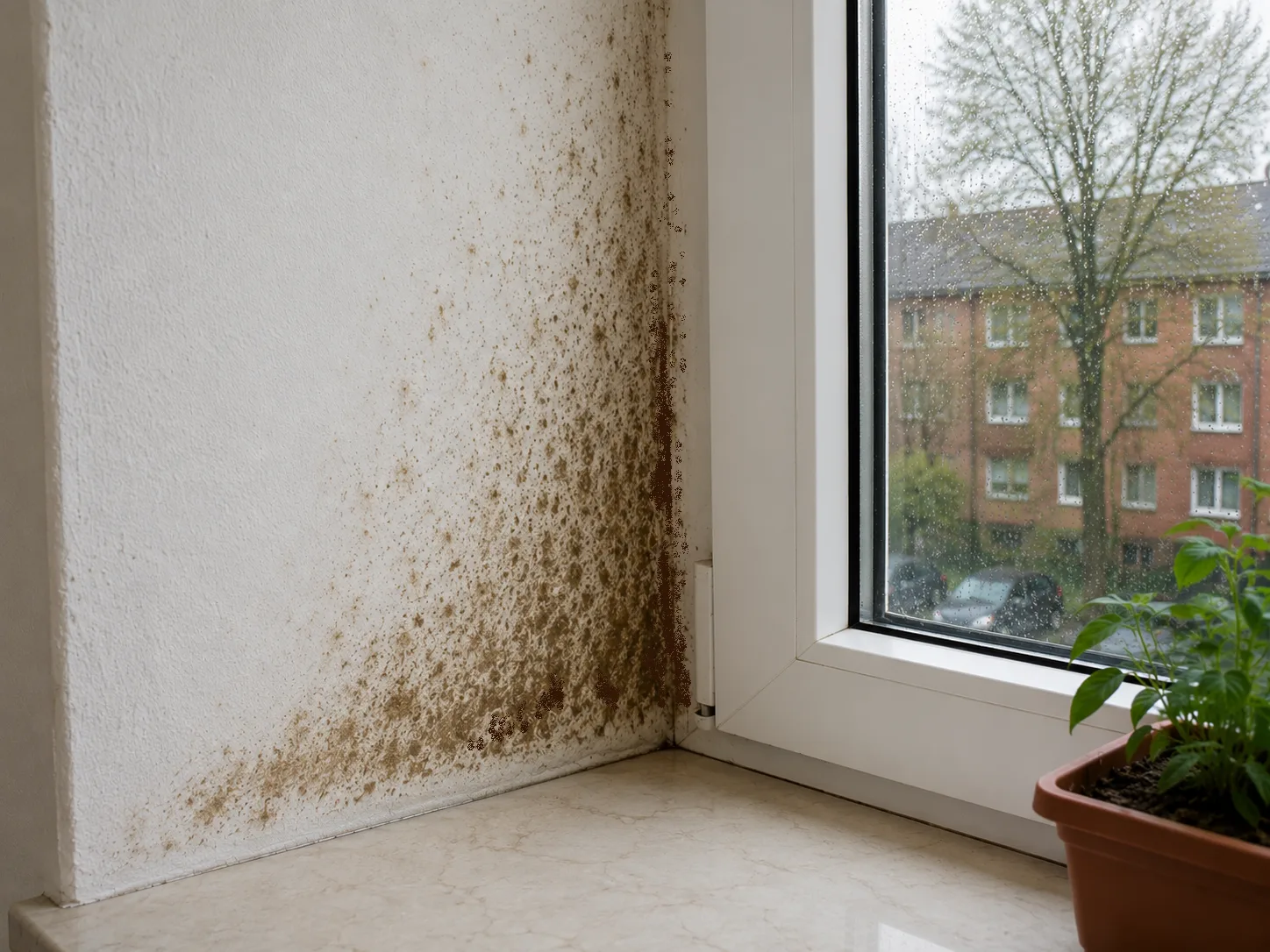 Brauner Schimmel – Befall an Wand und Fensterlaibung | Schimmelprotektor Brauner Schimmel (Cladosporium) als brauner Belag an Zimmerwand neben weißem Fensterrahmen mit Kondensation