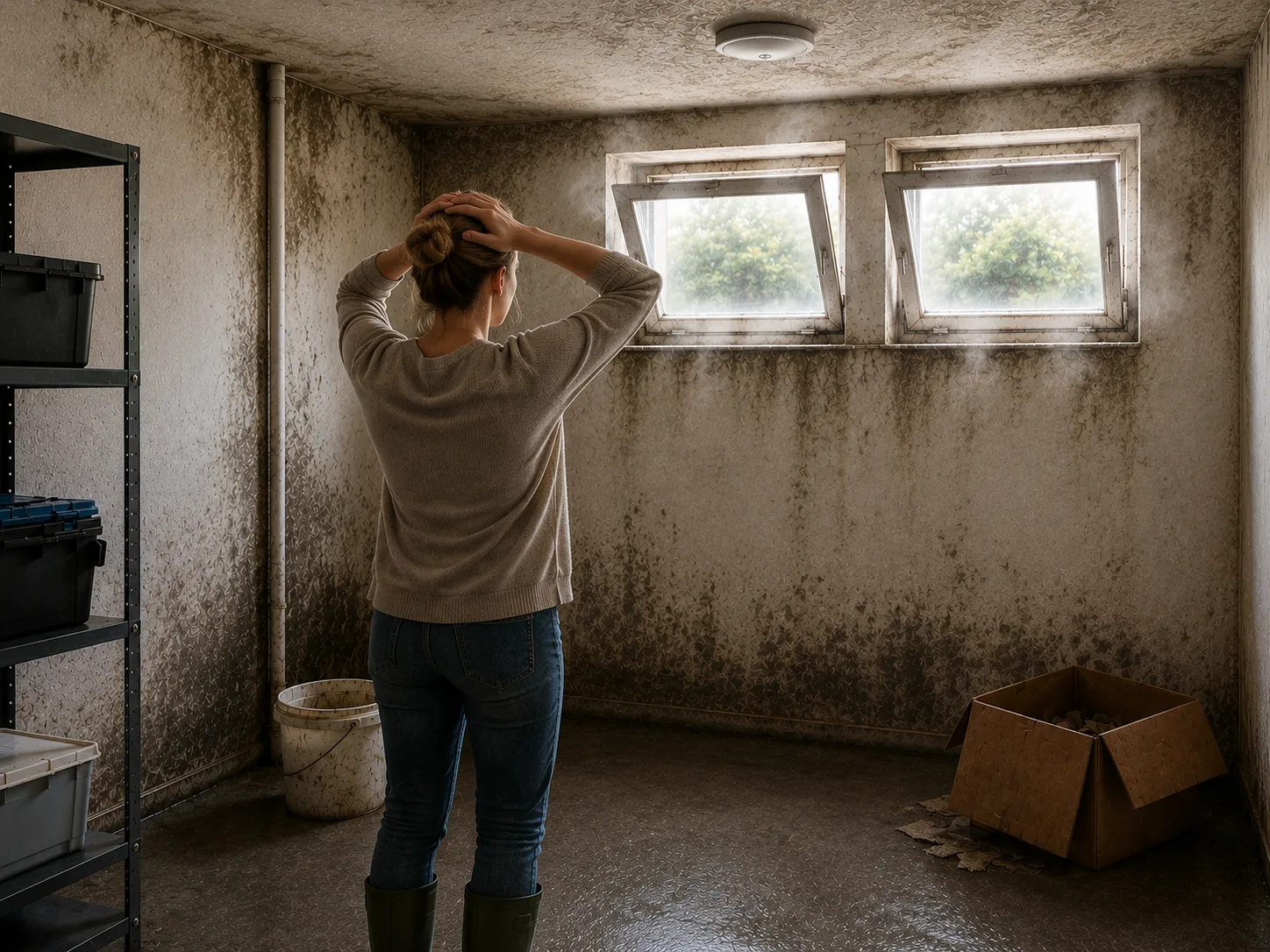 Keller im Sommer feucht? Die Wahrheit über Sommerkondensation | Schimmelprotektor Blog Feuchter Keller im Sommer: Frau steht vor schimmelbefallener Kellerwand mit offenen Fenstern – Sommerkondensation als Ursache für nassen Keller