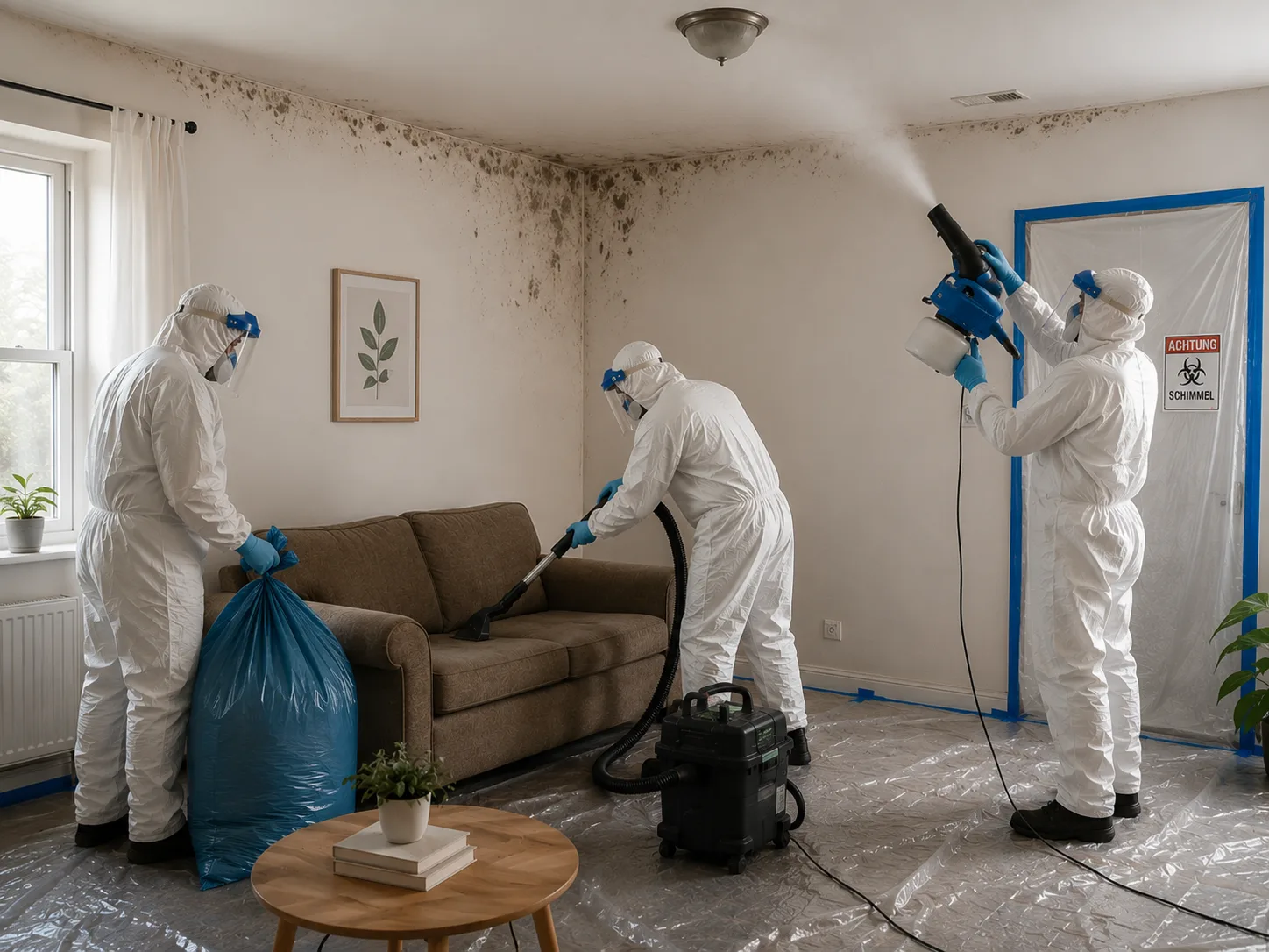 Professionelle Schimmelsanierung in einer Wohnung – Fachkräfte in Schutzanzügen beseitigen Schimmel an Wänden und Decke