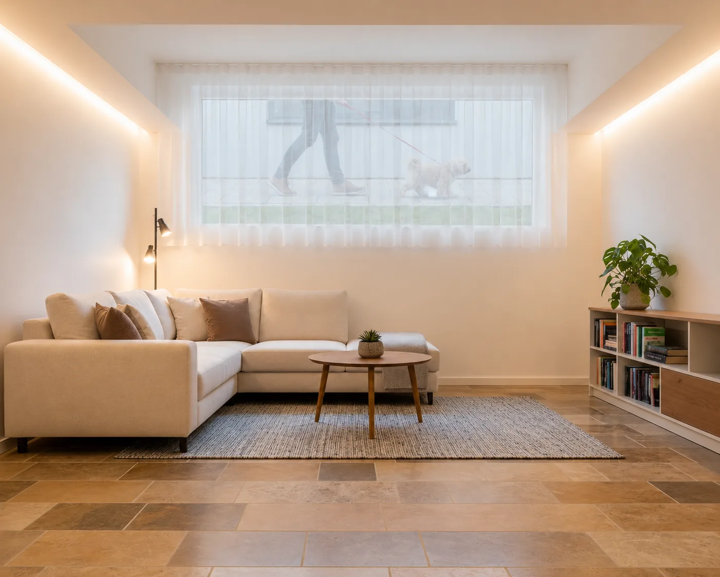 Helles, modern eingerichtetes Souterrain-Wohnzimmer in einer Kellerwohnung mit Sofa, Couchtisch und Hochfenster zum Garten