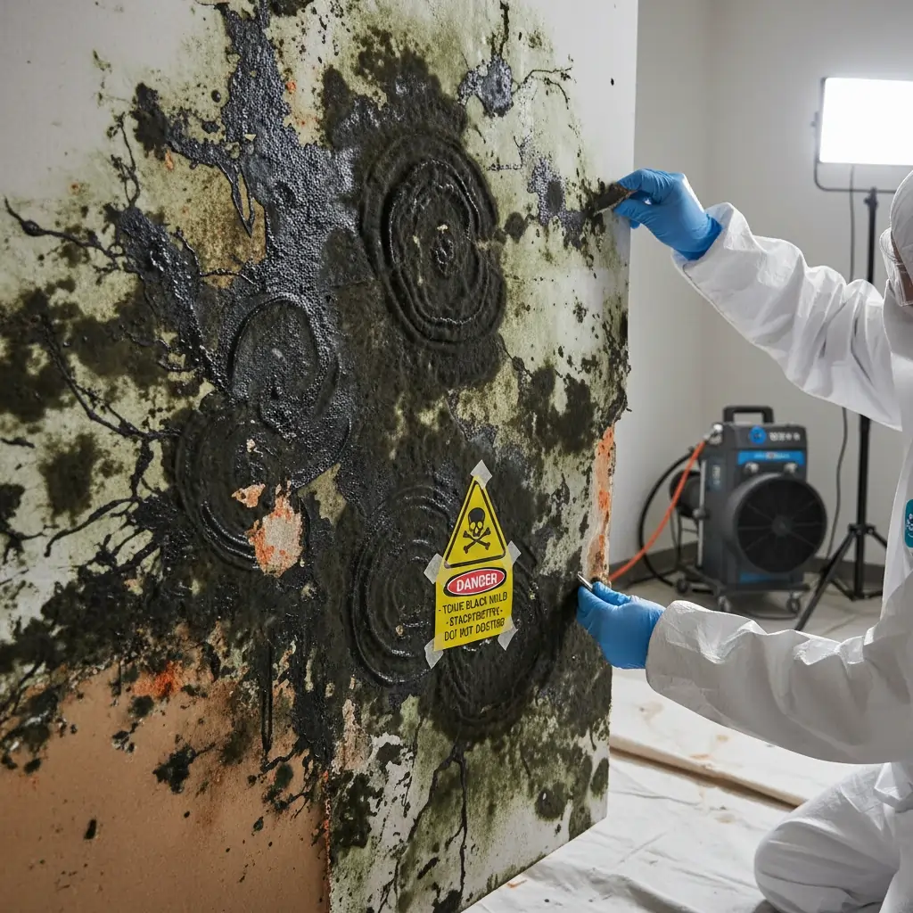 Fachmann in weißem Schutzanzug und blauen Handschuhen untersucht großflächigen schwarzen Schimmelbefall an Wand mit Danger-Warnschild