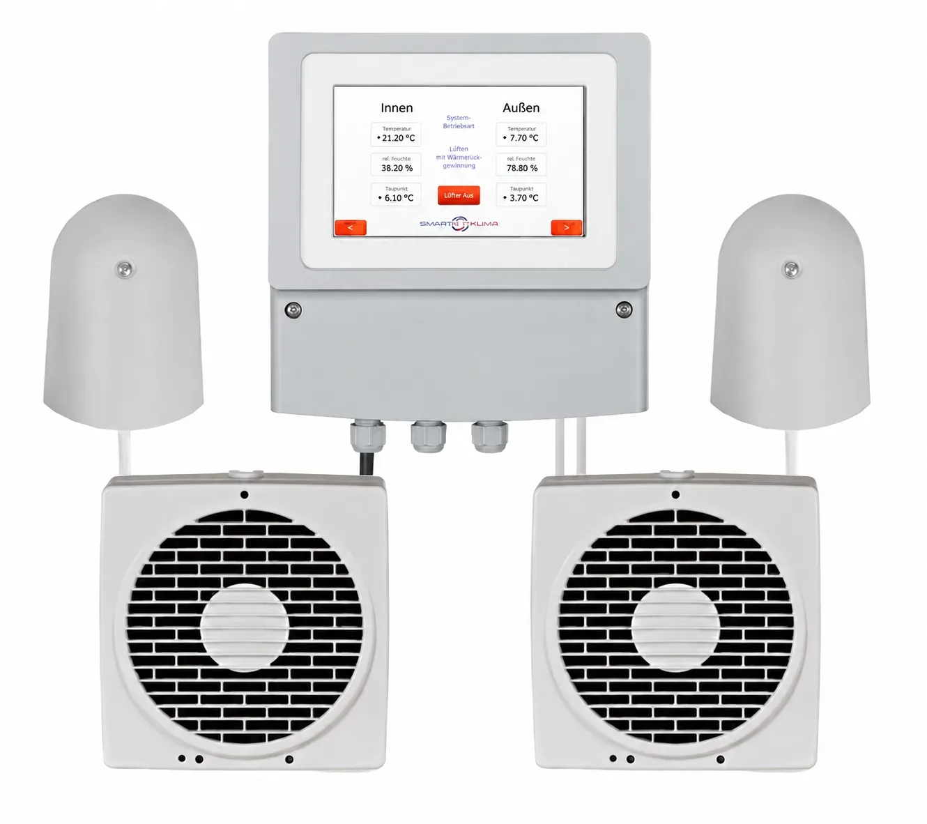 SMART-FLOW Taupunktlüftungsgerät an Kellerwand mit Innen- und Außensensor – sensorgesteuerte Kellerentfeuchtung gegen Sommerkondensation