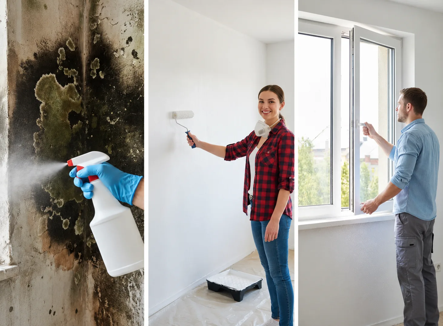 Dreiteiliges Bild: Hand mit Schutzhandschuh sprüht Schimmelentferner auf schwarzen Wandschimmel, Frau streicht frische weiße Farbe auf sanierte Wand, Mann öffnet Fenster zum Lüften