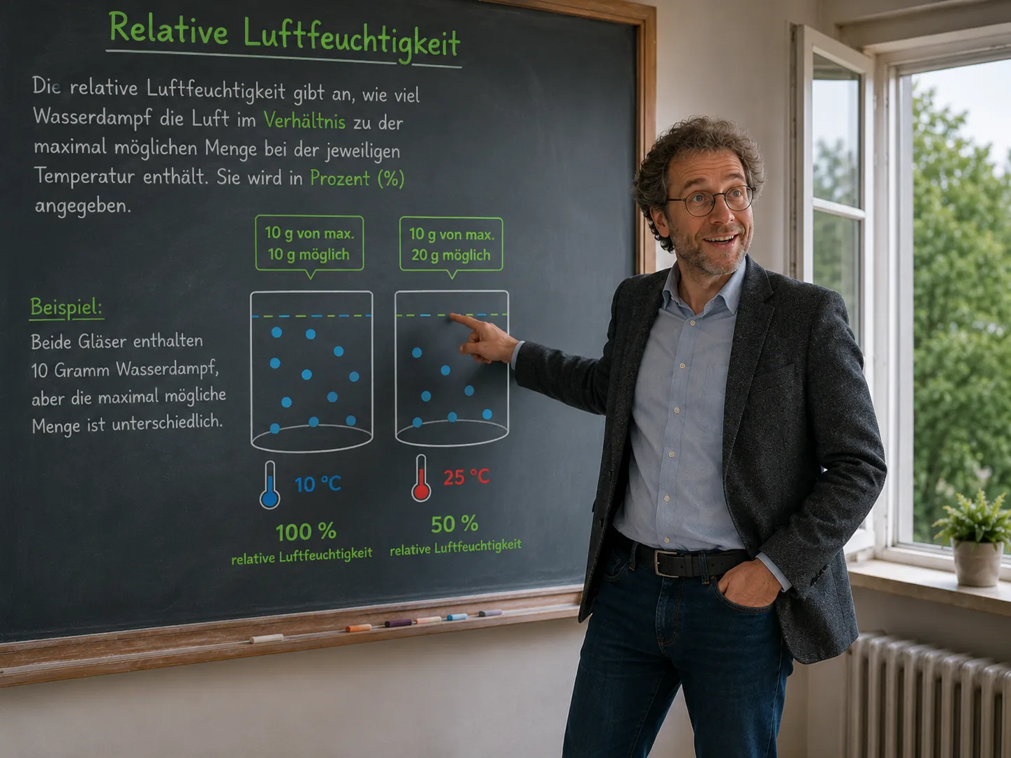 Lehrer erklärt relative Luftfeuchtigkeit anhand einer Tafel mit Diagrammen und Erklärungen