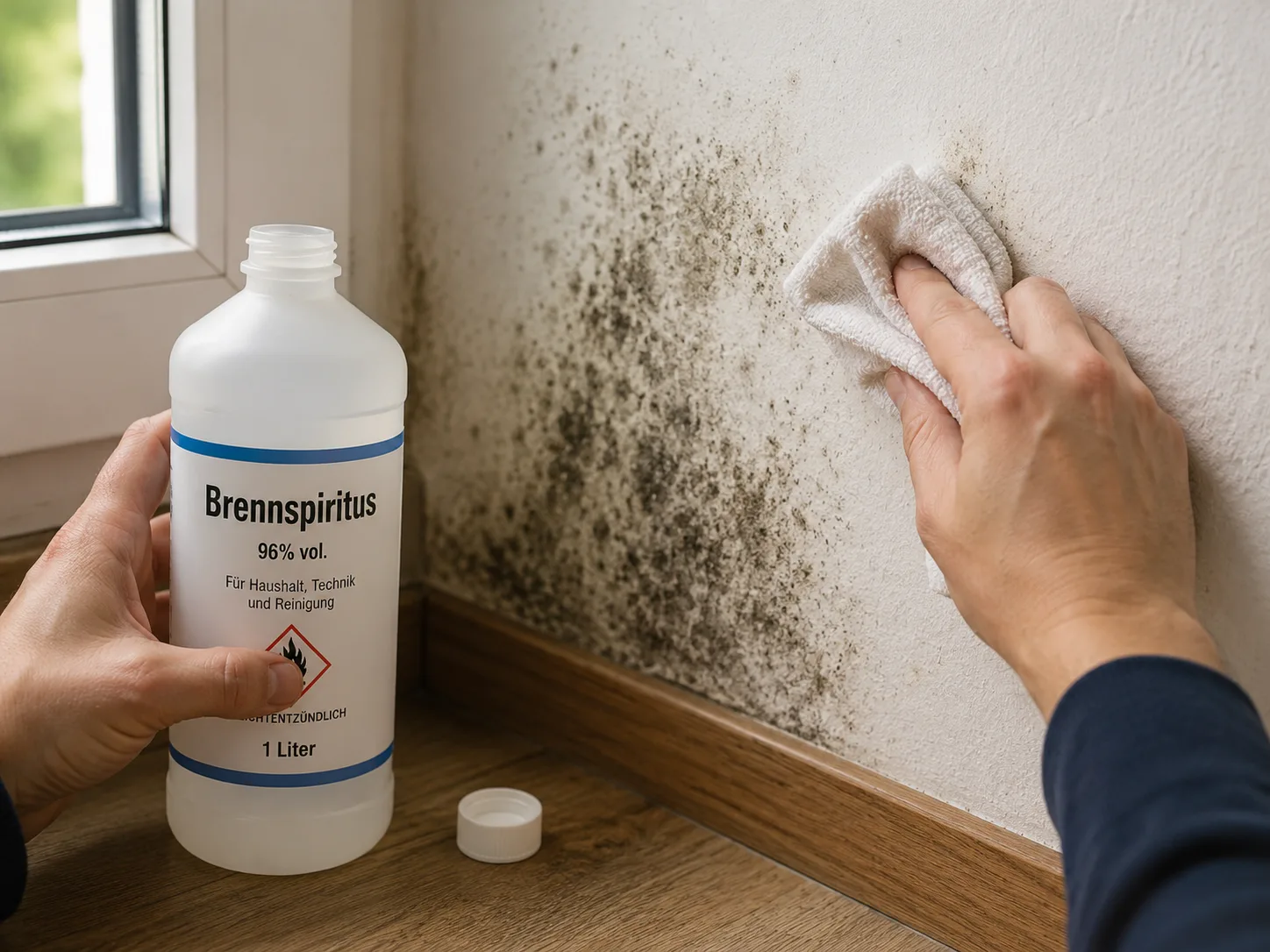 Hände halten Brennspiritusflasche und reiben Schimmel von einer befallenen Wand – kritische Darstellung des Haushaltstipps