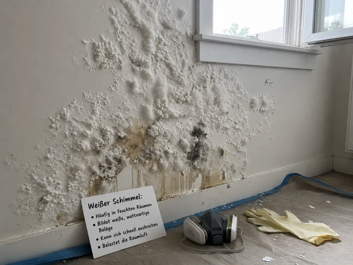 Massiver weißer Schimmelbefall an einer Wand mit Infotafel, Atemschutzmaske und Schutzhandschuhen – Warnung vor weißem Schimmelpilz