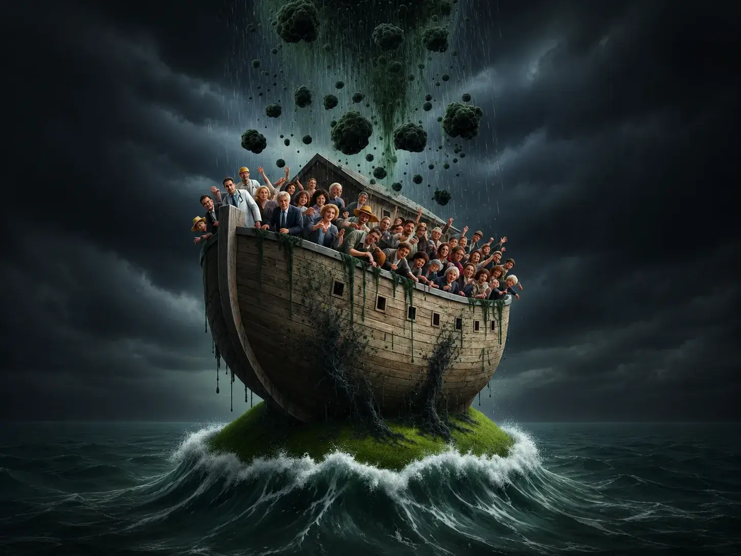 Surreales Bild: Arche Noah von Schimmelsporen überfallen – symbolisiert die allgegenwärtige Gefahr von Schimmelpilz