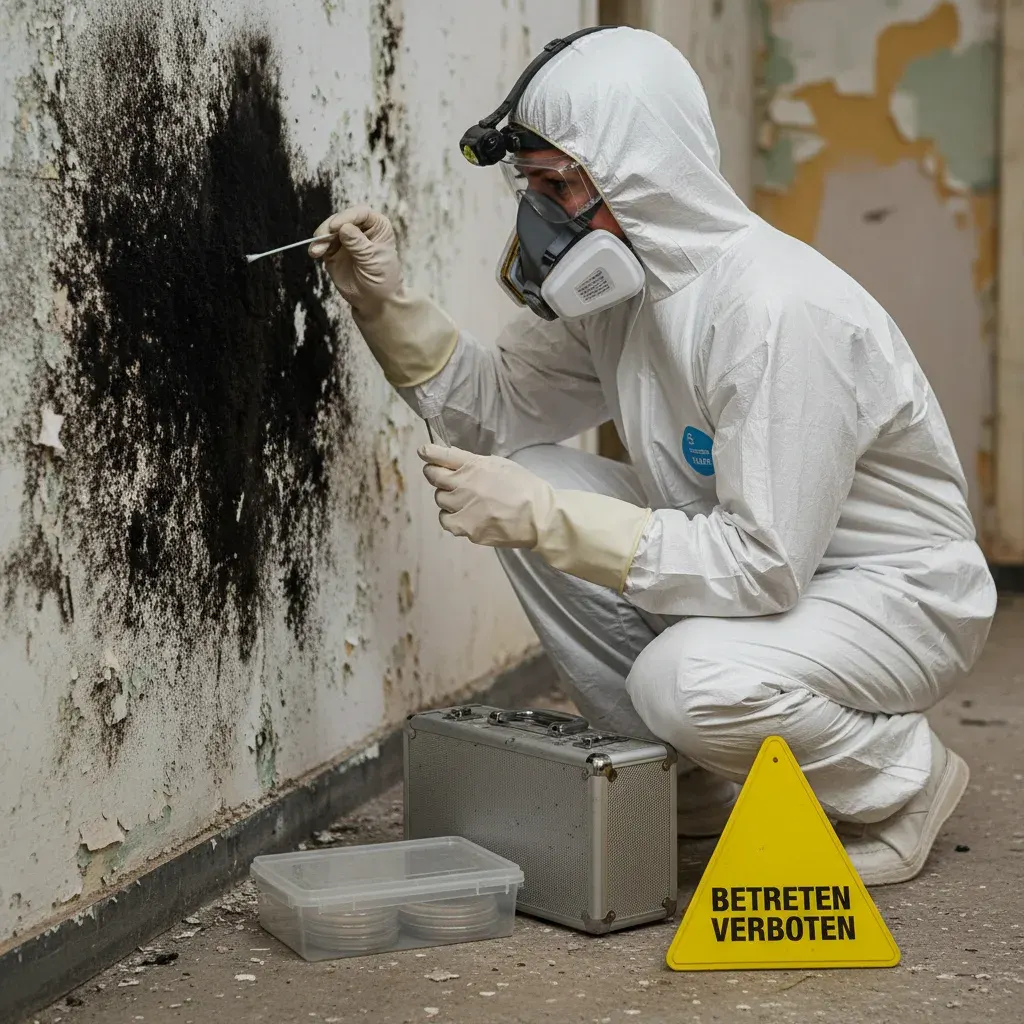 Experte in Schutzanzug und Atemmaske nimmt Probe von schwarzem Aspergillus-Schimmel an einer Wand