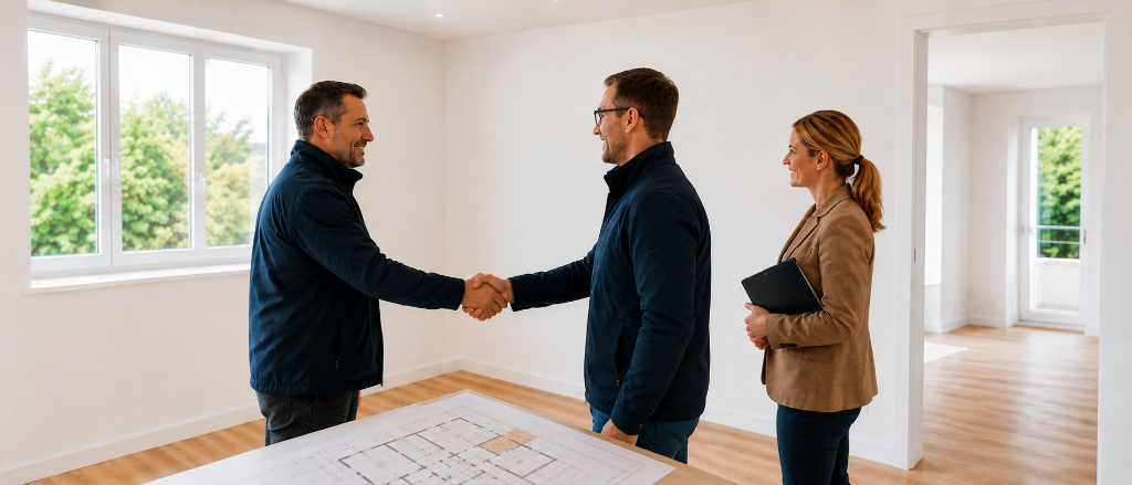 Schimmelgutachter und Auftraggeber nach erfolgreicher Schimmelsanierung: Handshake im sanierten Raum – professionelle Hilfe durch zertifizierten Schimmelsachverständigen nach normgerechter Begutachtung