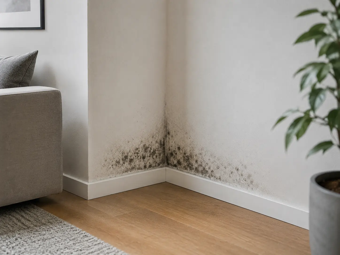 Schwarzer Schimmelbefall in der Ecke einer Außenwand im Wohnzimmer nahe dem Boden