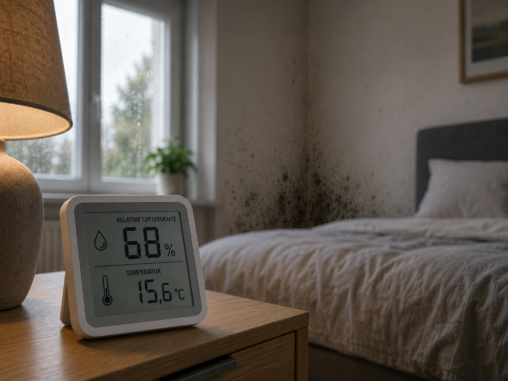 Feuchtigkeit & Raumklima: Zu hohe Luftfeuchtigkeit als Schimmelursache im Schlafzimmer – Messtechnik im Einsatz | Schimmelprotektor Digitales Hygrometer im Schlafzimmer zeigt 68 % relative Luftfeuchtigkeit und 15,6 °C – kritische Werte mit sichtbarem Schimmelbefall an der Wand im Hintergrund
